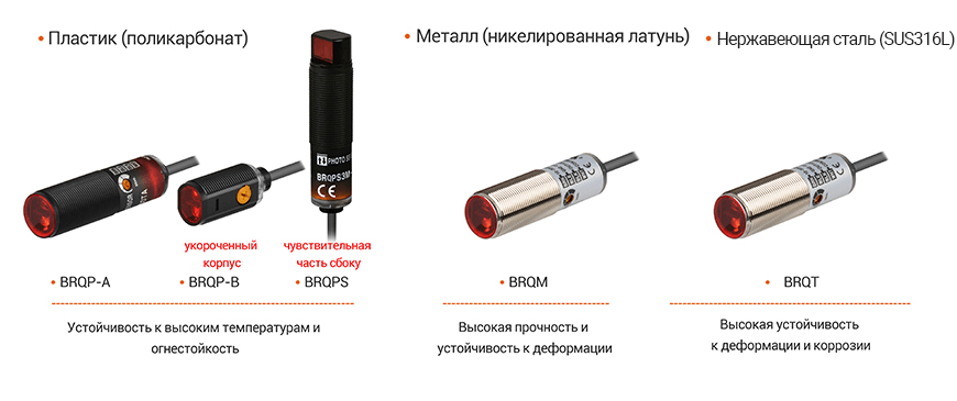 Изображение, показывающее датчик приближения серии BRQ из различных материалов (пластик, металл, SUS316L).